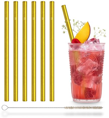 HALM Pailles en verre dorées 6 pièces 20 cm Or + brosse de nettoyage sans plastique - Compatible lave-vaisselle - Durable - Tubes en verre pour longs cocktails, smoothies, jus