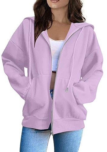 Jackets for Women Uk, Women's Long Sleeve Sweatshirts Soft Comfortable Casual Hooded Jackets with Pockets Oversized Zip Up Hoodies 18th Birthday Gifts for Girls,Light Purple,L,U56K