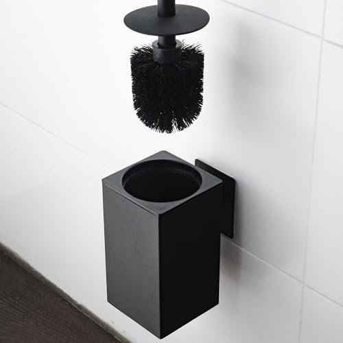 ELMOWO - Premium Edelstahl Klobürste ohne Bohren selbstklebend inkl. Spezialkleber (extrem sicherer Halt) - Toilettenbürsten-Halter hängend zur Wandmontage - Moderne WC Bürstengarnitur (schwarz)