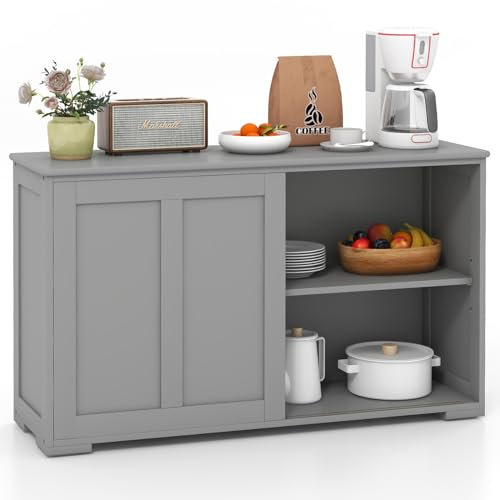 COSTWAY Wooden Storage Cabinet, Buffet Sideboard Server Table with Sliding Door and Adjustable Shelf, Console Cupboard Display Organiser Unit for Home Kitchen Living Room Hallway (without glass, Grey)