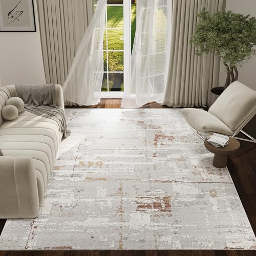 TAPISO Trend Teppich Kurzflor - Moderner Teppich Hochwertig- Eleganter Wohnzimmerteppich in Grau Creme mit Braun- Abstraktes Muster- Pflegeleichter Teppich - Oeko-TEX 140 x 200 cm