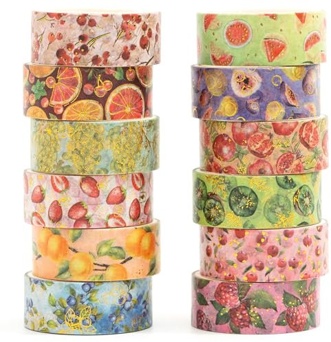 Songdao washi Tape,12 Rollen Washi Klebeband Set Dekoratives Washi-Tape Niedliche Goldfolie Dekorative Masking Tape für DIY Art & Crafts (Festmahl der Früchte)