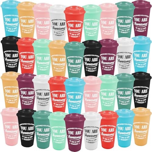 MSYU 36 Pcs Thank You Gifts Coffee Cups with Lid 470 ml Plastic Tumblers Bulk You are Awesome Inspirational Christmas Appreciation Gift for Teacher Colleague Employee Coworker (Vibrant Colors)