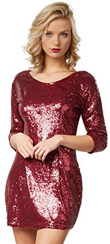 dressforfun Kostüm Damen, kurzes Paillettenkleid, Glitzer Kleid, Langarm Glitzer Oberteile Damen mit Glitzer Rock, Faschingskostüm, Karneval, sexy Disco Kostüm Damen, Rave Outfit Damen, dunkelrot, XL