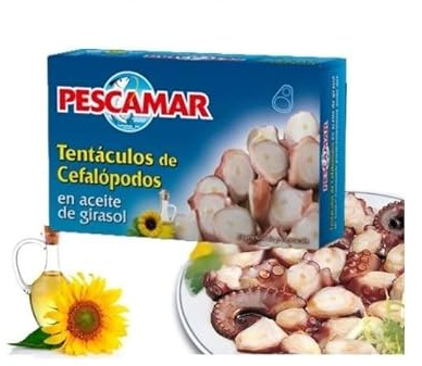 Elazvibes-Pulpo Stücke in Sonnenblumenöl – 1 Karton mit 50 Dosen – Mediterraner Oktopus, Spanische Feinkost für Antipasti, Salat & Pasta