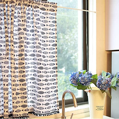 izielad Fisch Drucken Kurze Scheibengardine Bistrogardine Blickdicht Boho Vorhang Kurzstore Gardinen mit Quasten für Küche Wohnzimmer Schlafzimmer BxH 145x70cm