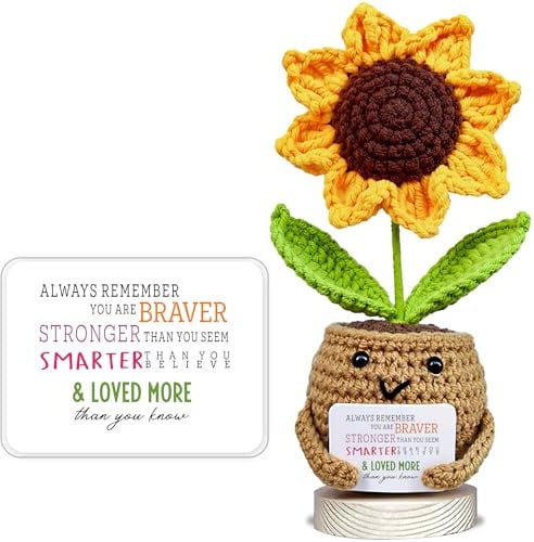Handmade Positive Sunflower Crochet Doll with Card for Women - Cute with You Are Braver, Smarter, Loved Heartfelt Message - BFF Friendship Presents