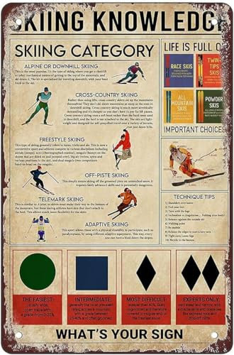 FJQWKLF Metallschilder zum Thema Skifahren, Vintage-Club-Dekor, Kategorie Skifahren, Wissenschaftsführer, Poster, Lerntafel, Aluminiumschild, Wanddekoration, 20,3 x 30,5 cm