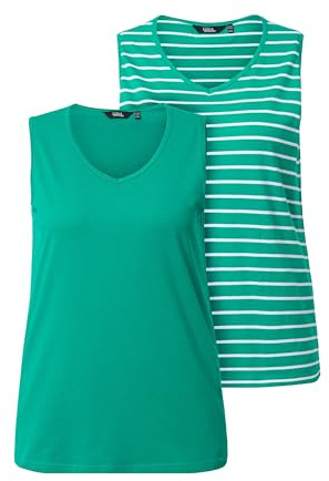 Ulla Popken Damen große Größen Übergrößen Plus Size Top, 2er-Pack, Ringel/Uni, V-Ausschnitt, ärmellos smaragd 46+ 792183457-46+