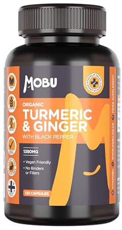 Organic Turmeric 1380mg with Black Pepper & Ginger - 120 Vegan Capsules - Organic with Active Ingredient Curcumin - High Strength Vegan Curcumin Supplement Anti-Inflammatory - UK Made MOBU
