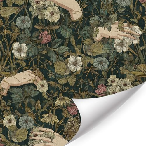ANHUIB Gothic Tapete Blumen Gotische Hände Peel und Stick Tapete 44X300cm Vintage Fototapete Weiß Rosa Blau Blumen Möbelfolie Muster Tapeten Selbstklebende für Wand Dekoration Schlafzimmer Badezimmer