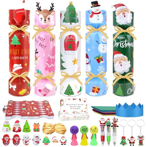 Shining She 20 Packs Christmas Crackers Luxury, Make Your Own Christmas Crackers Kit, DIY Xmas Cracker with Gifts, Unusual Xmas Cracker Candy Paper Boxes with Hats Riddle Cards for Childrens, No Snap