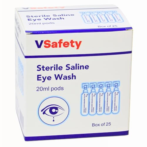 V Safety 25 x Sterile Saline Eye Wash Pods 20ml 0.9% Sodium Chloride | Eyewash Rinsing Solution Single Use for First Aid and Emergency Rinse Irrigation Minor Irritation Portable First Aid Kit Use
