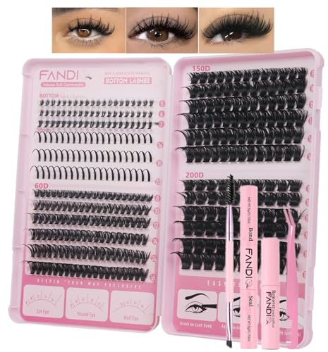 Lash Clusters Kit with Bottom Lashes 740pcs Individual Lashes Manga Clusters Thick Volume Spiky Eyelash Extensions Kit with Applicator and Lash Bond&Seal Glue Remover Mix 8-16mm(60+150+200DKIT)