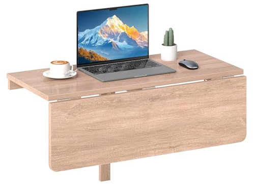 SFAREST Wall Mounted Table, Folding Multi-use Drop-Leaf Laptop Desk, Space Saving Hanging Table for Study, Bedroom and Living Room (Wood)
