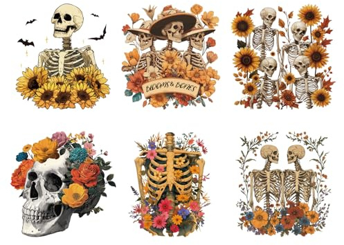 SUPERDANT 6PCS Skull and Flowers Iron On Transfer Patches Sunflowers Heat Transfer Stickers DIY Iron On Decals Washable Heat Transfers Paper for Woman Clothing Hoodie T-Shirt Bags Pillow Decor