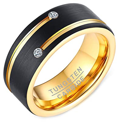 Whoiy Herren Ring Schwarz Gold mit Gravur, Ehering Trauringe Zweifarbig 8MM Breit Hochzeits Ring Wolfram Zirkonia Gebürstet Personalisiert Modeschmuck für Männer Grösse 60 (19.1)