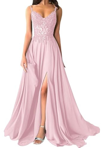 shownicer Robe De Soiree Femme Chic et Elegant Robe Mariage Invitée Bal Robes Dentelles Florales en Mousseline De Soie Bretelles Fente