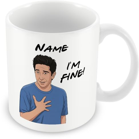 MUGGZ Personalised Ross Mug, Funny TV Fan Gift, I’m Fine Quote Cup, Optional Name, Black or Purple Mug, Coaster, Card