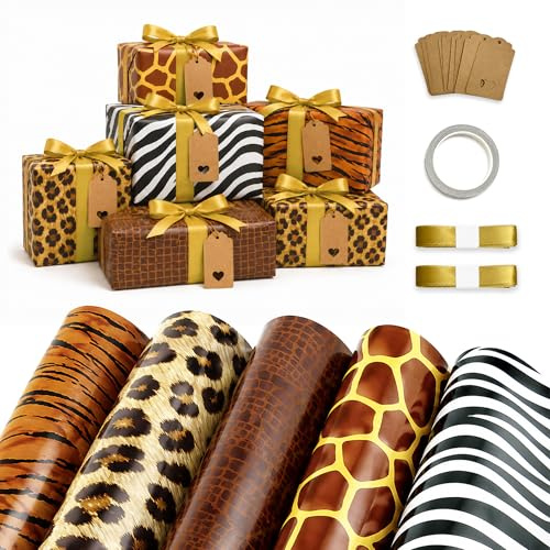 10 Blatt Geschenkpapier Tiermotiven, Tiergeburtstags Geschenkpapier | Dschungeltier Geschenkpapier 5 Designs mit Tiermotiven, Giraffe, Zebra, Leopard,Tiger-Geschenkpapier für Jungen 50 x 70 cm