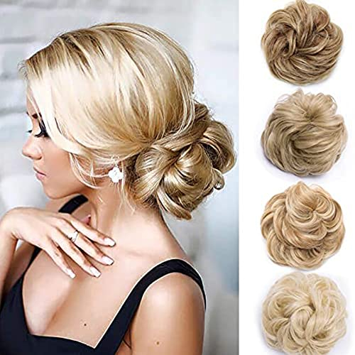 Silk-co Haarteil mit Gummiband, Dutt mit Haaren Gewellt Weich Dutt Haarteil mit Gummiband 35 g, Gelockt Haarverdickung Hair Extensions Messy Bun Hochsteckfrisuren Honigbraun & Bleichblond