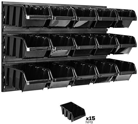 Lagersystem Wandregal 576 x 390 mm | 15 stck. Box | Stapelboxen Schüttenregal Sichtlagerkästen | Extra Starke Wandplatten | Regal Erweiterbar | Werkstattregal Lagerregal Werkstattwandregal Steckregal