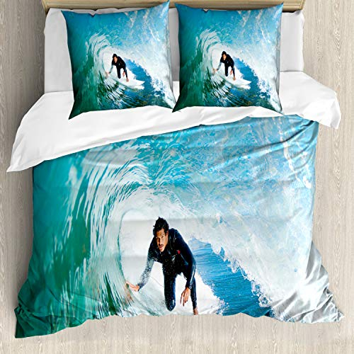 ABAKUHAUS Reite die Welle Bettwäsche Set für Doppelbetten, Wave-Surfer Sport, Weicher Microfaserstoff Allegigeignet kein Verblassen, Sky Blue Weiß