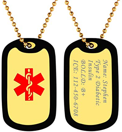 Bandmax 18k vergoldet Medical Alert Erkennungsmarke personalisiert Medizinische Alarm Anhänger mit schwarz Silikon Rahmen SOS Notfall Gesundheit Alarm Äskulapstab Symbol Schmuck für Diabetes