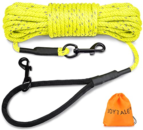 Joytale Longe pour Chien 15m, Réfléchissant Long Laisse avec 2 Mousquetons, Longue Corde pour Petits Chiens et Chiots, Jaune Fluo