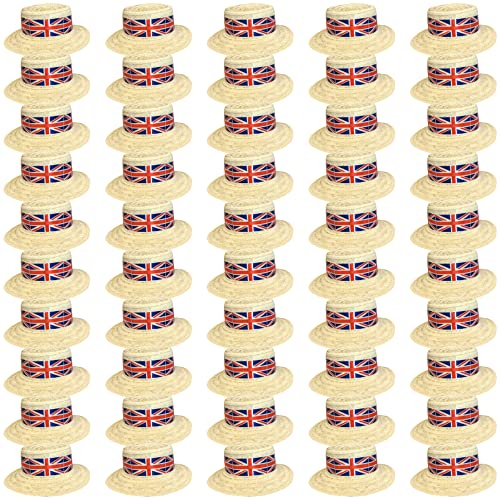 I LOVE FANCY DRESS Union Jack Boater Hats - Pack of 50 - Straw Boater Hats with Union Jack Flag Band - Bulk Sporting Events Breathable Boat Hat VE DAY COMMONWEALTH