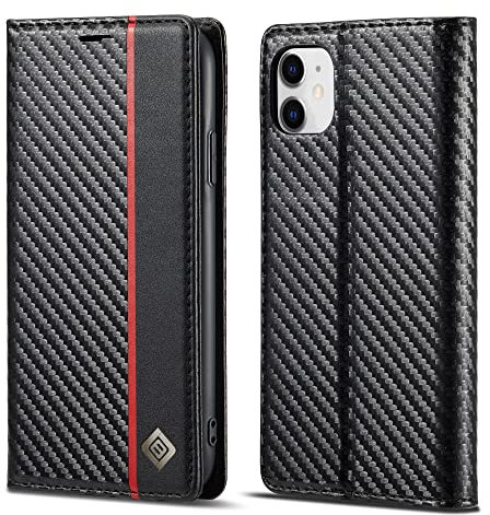 ZTOFERA Compatible with iPhone 11 Wallet Case, Premium PU Leather Carbon Fiber Flip Case with Card Holder Magnetic Closure Kickstand Protective Phone Cover for iPhone 11 6.1, Vertical Red Line