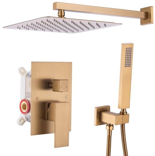 Brushed Gold Brass Concealed Shower Set, Bathroom Wall Mounted Mixer Valve System, 12 Inch Waterfall Rain Shower Head and Square Handheld Kit