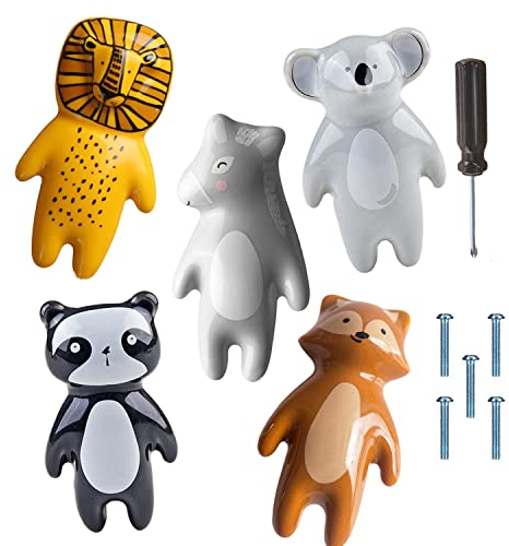 ED-Lumos 5Pcs Cabinet Knobs with Screws Cupboard Door Drawer Handles for Home Kitchen Kids Bedroom Cartoon Animals Design