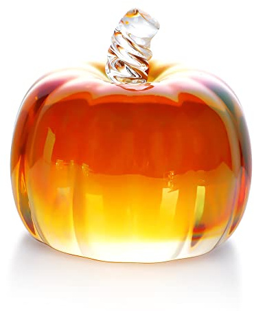HDCRYSTALGIFTS 2.8inch Brown Striped Crystal Pumpkin Figurine Collectible Glass Pumpkins DecorTable Accent for Fall Harvest Decorating