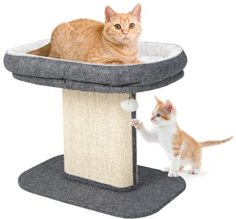 GOPLUS Arbre a Chat 2 Niveaux 60 x 42 x 50 CM en Bois Recouvert Peluche, Arbre à Chat avec Poteaux en Sisal, Nid Grand pour Couchage Confortable Supérieur, Boule Suspendue pour Chaton, Gris