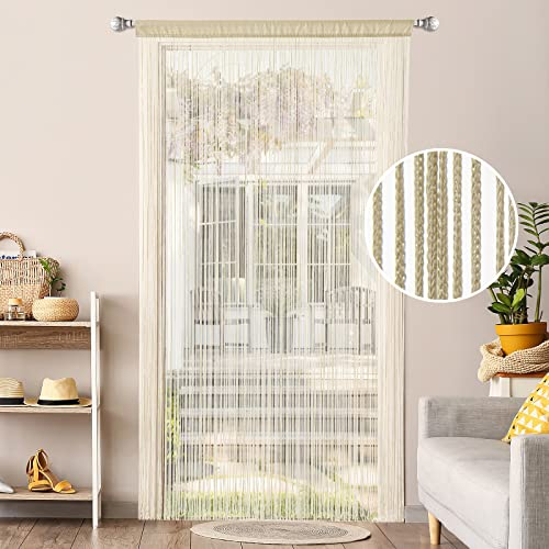 MIULEE Cortinas de Hilos Antimosquitos con Flecos para Interior y Exterior - Separador de Ambientes y Protección contra Insectos, 90 cm x 200 cm Beige