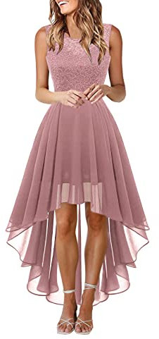 Robe en Dentelle pour Femmes Bow Belt Robe de Longueur irrégulière élégante Robe en Mousseline de Soie sans Manches Robe de soirée Cocktail de Demoiselle d'honneur Robe Soirée Asymétrique