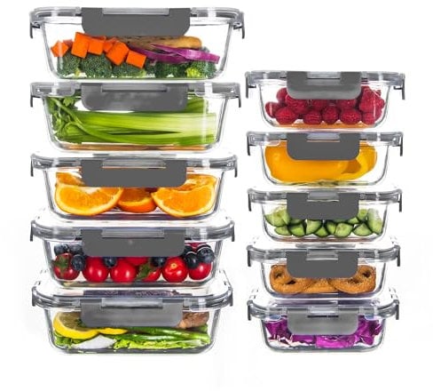 HAKEEMI 10er-Pack Glasbehälter zur Aufbewahrung von Lebensmitteln, luftdichte Essensvorbereitungsbehälter mit Deckel, Glas-Lunch-Behälter, mikrowellen- und spülmaschinenfest, Grau (10er-Pack (Grau))