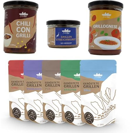 EntoSus – Mega Probierset, Fertiggerichte und Snacks aus Grillen, Inhalt: Chili Con Grilli und Grillognese im Glas á 370g & 5 Geschmacksrichtungen der gerösteten Grillen, je Packung 20g