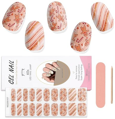 EBANKU Christmas Semi Cured Gel Nail Strips, 20PCS Christmas Gel Nail Stickers Long Lasting & Easy to Apply & Remove for Salon Quality Manicure| Gingerbread Man