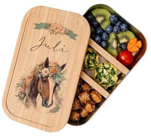 Manufaktur Liebevoll - Personalisierte Brotdose Pferd Pony m. Fächern, Edelstahl Lunchbox I Bambus Deckel u. Trenner, Brotbüchse | Kinder, Mädchen (Motiv Juli, Edelstahl | Größe S)