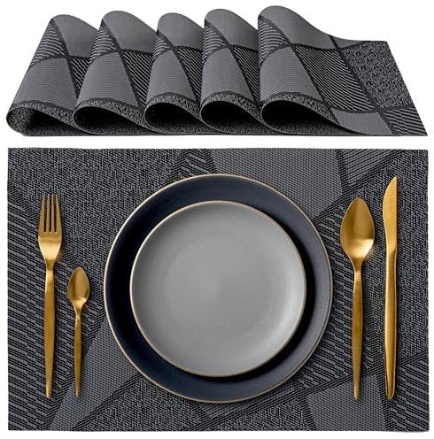 IPEA Sets de Table élégants 45 x 30 cm pour Dîner, Déjeuner, petit Déjeuner - 6 unités - Set de table lavable, Résistant au chaleur, antidérapant et anti-taches tables cuisine et salle à manger - Noir