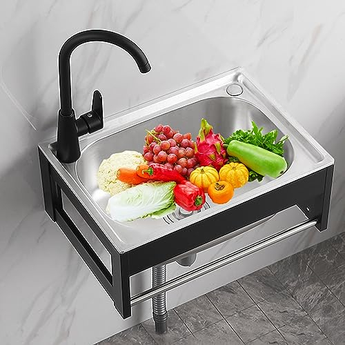 Fregadero Montado en la Pared Fregadero de Acero Inoxidable Fregadero de Utilidad Lavabo De Mano Portatil,Fregaderos de Cocina Con Grifo,Para Restaurante Bar Garaje (38x33x21cm)