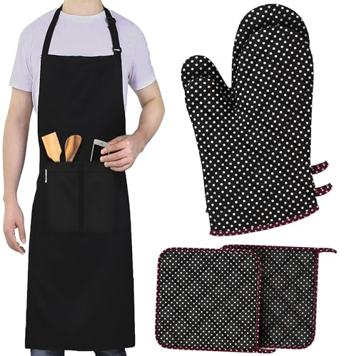 LEFUNDA® 3 in 1 Küchenset mit Kochschürze Ofenhandschuhe Topflappen Verstellbare Grillschürze mit 3 Taschen für Küche Kochen Restaurant café