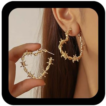 Inilbran Gothic Barbed Wire Heart Earrings Vintage Exaggerate Heart Hoop Earrings Punk Thorn Gold Love Earring Metal Mesh Love Hearts Earring Jewelry for Women