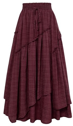 Scarlet Darkness Women Renaissance Layered Long Skirt Elastic High Waist Tiered Skirt with Pockets, Wine Plaid, XL