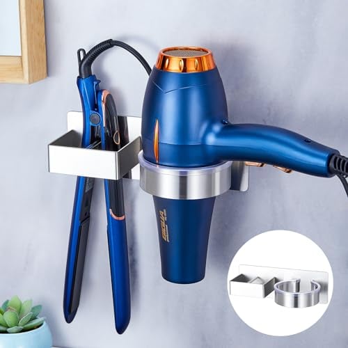 YAYINLI Hair Dryer And Straightener Holder, Hair Dryer Holders Wall Mounted, Stainless Steel Hairdryer Holder Station, Hair Dryer Stand, Self Adhesive Hair Tools Organiser For Bathroom Barber Shops