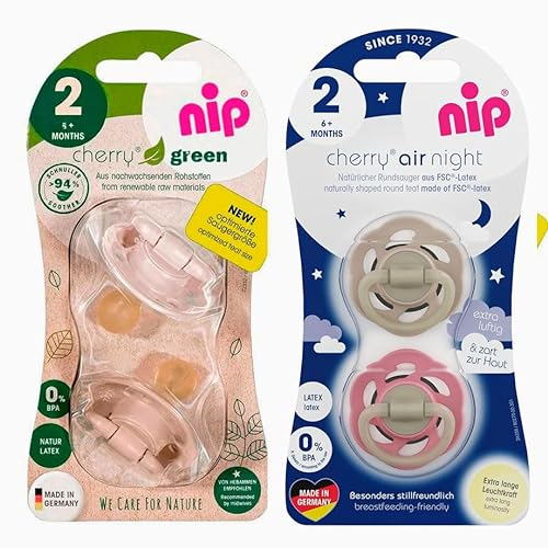 NIP Cherry Rundsauger Schnuller 4 Stück Set (2x2) Gr.2 (6 M +, Cherry Green+Cherry Night leuchtend)