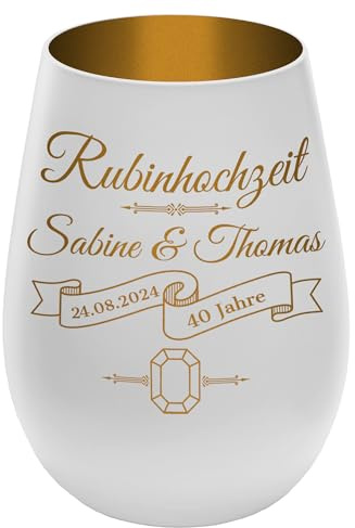 Windlicht mit Gravur ''40 Jahre Rubinhochzeit'' - Weiß/Gold - Glas Teelichthalter personalisierbar mit Wunschtext - Geschenk zu Hochzeit Jahrestag Jubiläum