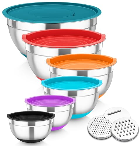 Homikit Mixing Bowls Set of 6, Stainless Steel Salad Bowls with Airtight Lids & 3 Grates, Metal Nesting Bowls for Mixing/Baking/Storing, Silicone Base - 0.7/1.2/1.6/2.5/2.8/4.6L (Multi-Color)